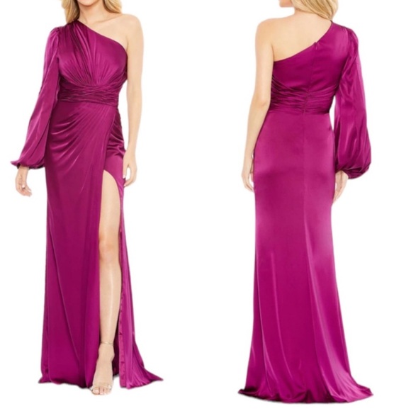 Mac Duggal Satin One Shoulder High Slit FormalDress Gown In Fuchsia - Reemoly